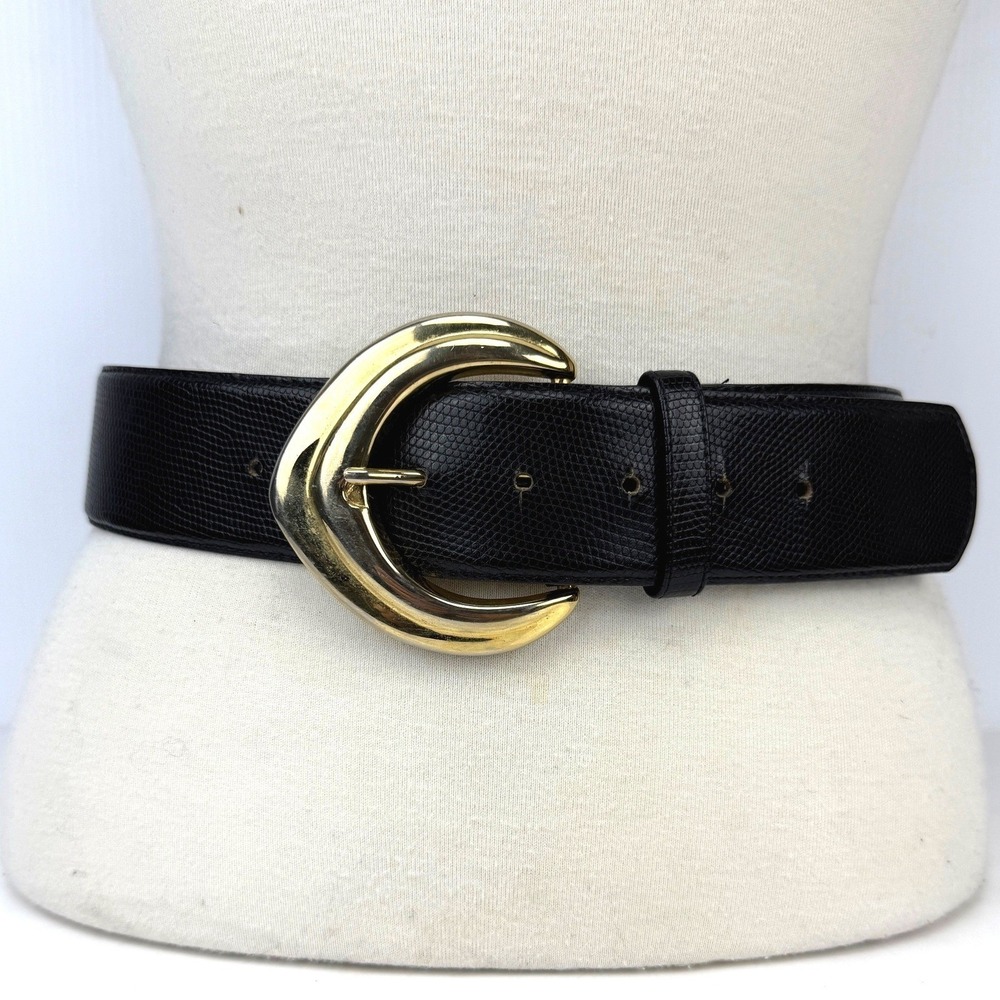 TOLEDANO Vintage Lizard Embossed Gold Crescent Buckle Black‎ Wide Leather Belt